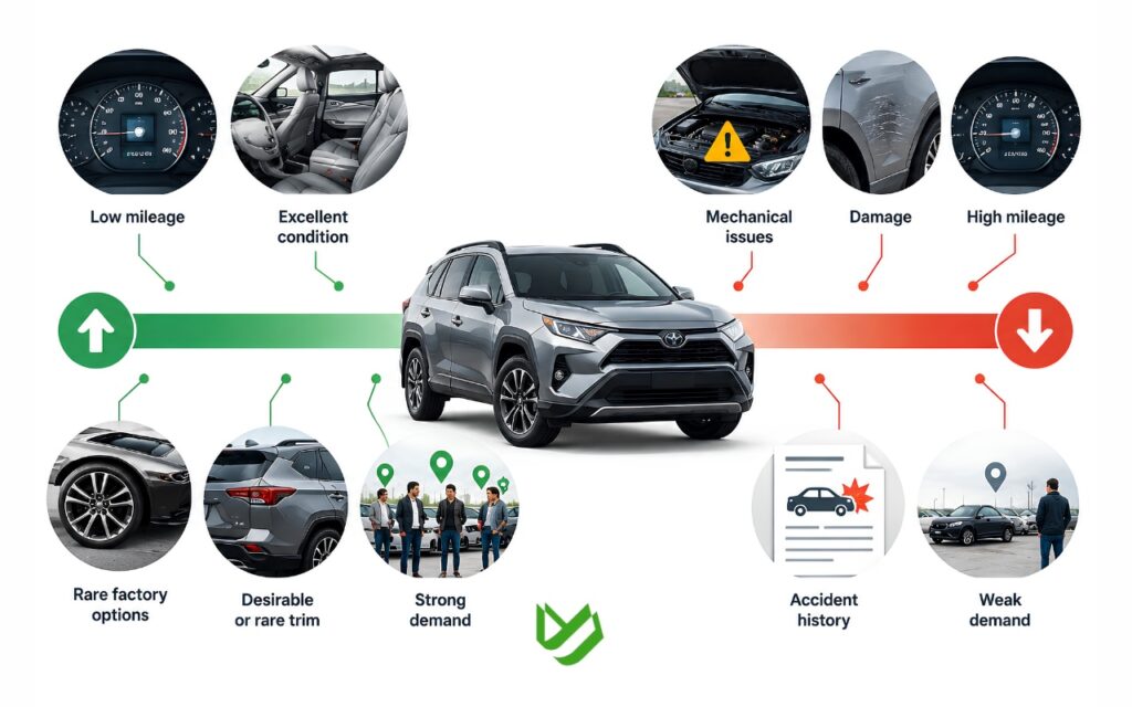 CTC B2C - Blog Article Illustrations - 486 Infographic showing factors that increase or decrease a car’s market value, including mileage, condition, trim, demand, damage, and accident history.