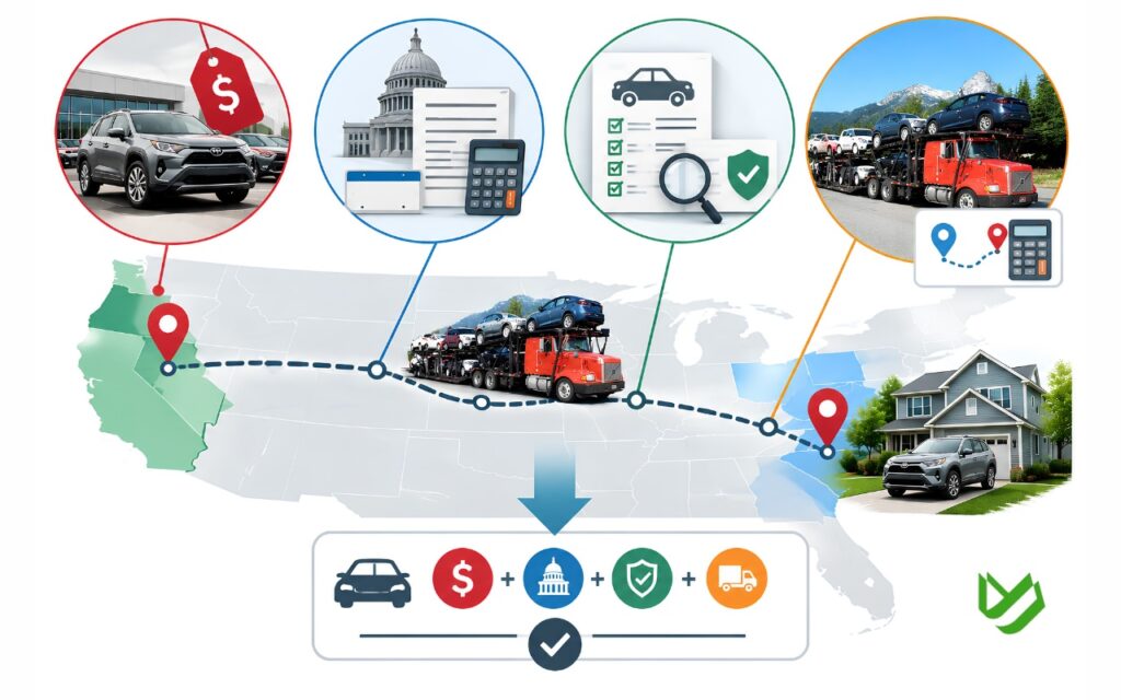 CTC B2C - Blog Article Illustrations - 487 Illustration of a U.S. map with an out-of-state car purchase route, showing vehicle price, taxes and fees, history and inspection, and transportation costs.